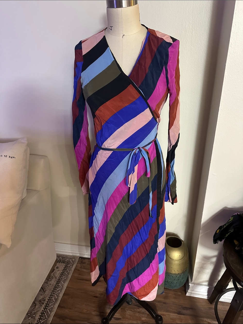 Diane Von Furstenberg Multicolor Diagonal Stripe Wrap Dress
